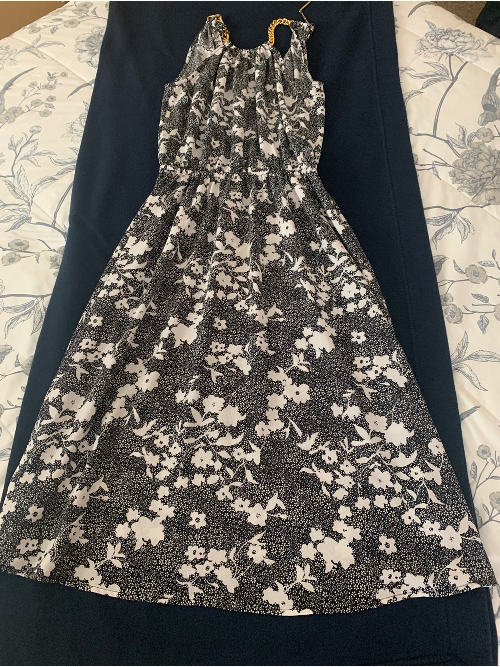 Michael Kors Black and White Floral Midi Dress with Gold Chain Straps